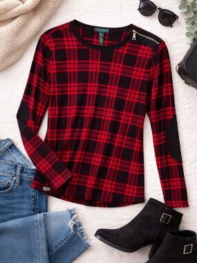 Lauren Ralph Lauren Red and Black Plaid Long Sleeve Top- Brand New
